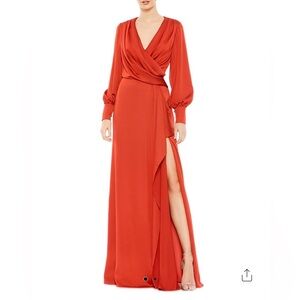 Mac Duggal Draped Bishop Sleeve Charmeuse Gown